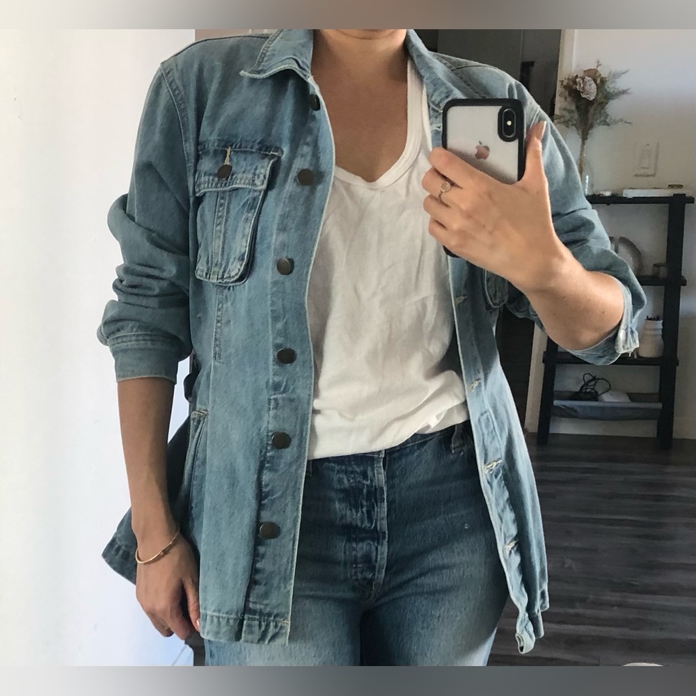 Blank NYC Left On Read Denim Jean Jacket Peplum Cropped Trench Belted Small - Picture 5 of 9